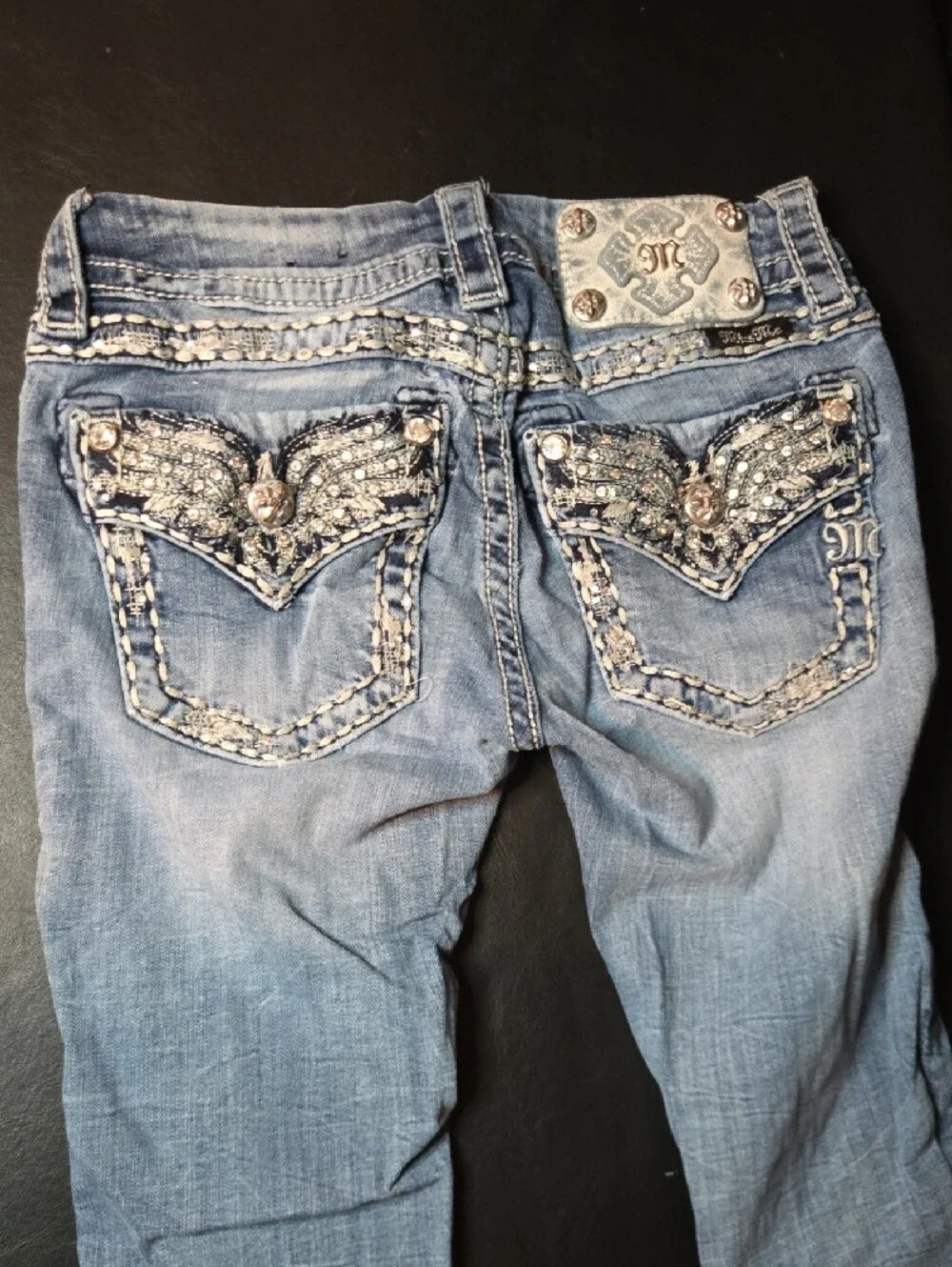 Miss Me Light Blue Skinny Jeans with Embellished Wing Back Pocket - Picture 12 of 15